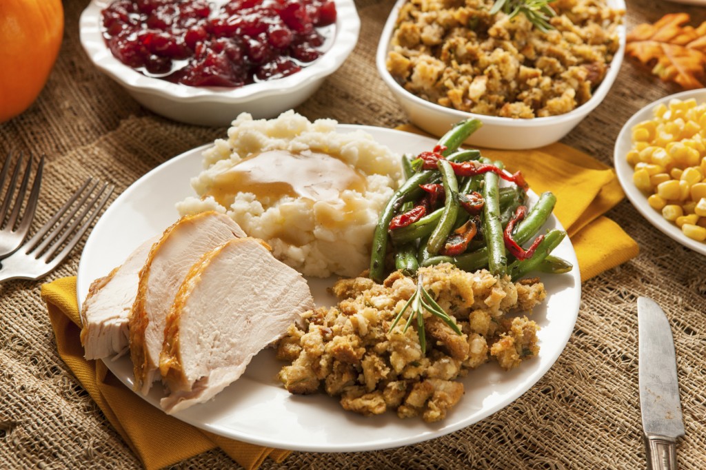 Homemade Turkey Thanksgiving Dinner with Mashed Potatoes, Stuffing, and Corn