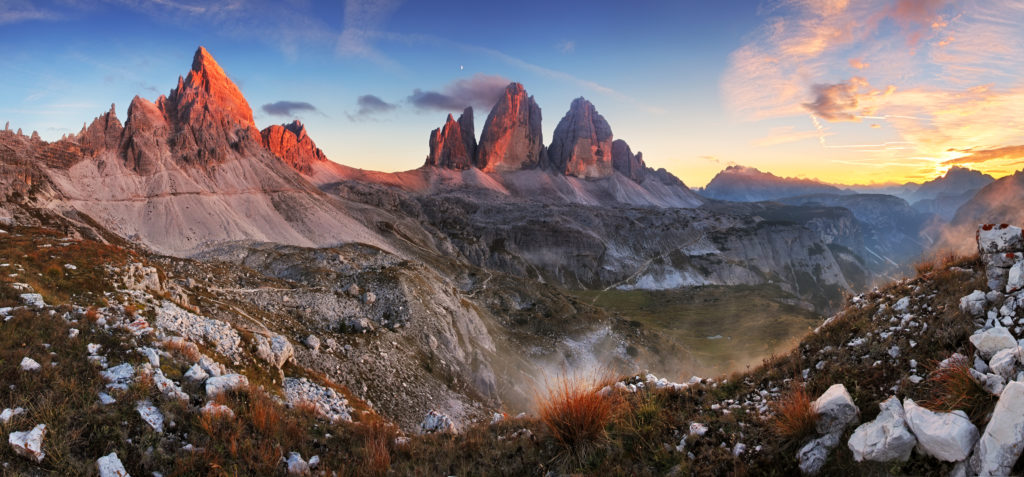 Sunset mountain panorama in Italy Dolomites - Tre Cime